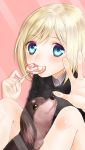 1girl blonde_hair blue_eyes candy dog eating erica_hartmann fourth_wall graphite_(medium) lollipop looking_at_viewer mixed_media photoshop pomery short_hair simple_background sitting strike_witches traditional_media 