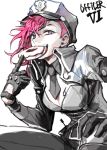  1girl 2gold alternate_costume character_name eating gloves hat league_of_legends long_sleeves monochrome open_mouth pink_hair police police_hat police_uniform policewoman solo spot_color sweets uniform vi_(league_of_legends) white_background 