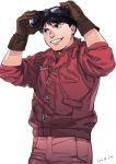  1boy akira black_hair brown_eyes dated gloves goggles goggles_on_head grin highres icym jacket kaneda_shoutarou looking_away male short_hair smile solo standing white_background 