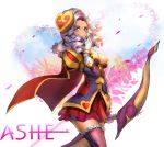  1girl alternate_costume alternate_hairstyle arrow ashe_(league_of_legends) bow_(weapon) breasts cape character_name curly_hair gloves grey_eyes grey_hair holding_weapon large_breasts league_of_legends long_hair long_sleeves nal_(nal&#039;s_pudding) red_skirt skirt solo weapon white_gloves 
