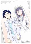  1boy 1girl arm_hug black_hair bridal_veil closed_eyes constricted_pupils dress elbow_gloves formal gloves highres kousaka_kyousuke long_hair makishima_saori official_style ore_no_imouto_ga_konna_ni_kawaii_wake_ga_nai photo_(object) purple_hair sakaki_youma short_hair suit traditional_media veil wedding_dress 