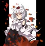  1girl animal_ears bare_shoulders breasts detached_sleeves hat highres inubashiri_momiji looking_at_viewer nagita0 pom_pom_(clothes) red_eyes short_hair silver_hair solo tail tokin_hat touhou wolf_ears wolf_tail 