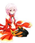  1girl bare_shoulders black_legwear breasts center_opening cleavage detached_sleeves fingerless_gloves gloves guilty_crown hair_ornament hairclip long_hair navel open_mouth pink_hair red_eyes solo thigh-highs twintails yuzuriha_inori 
