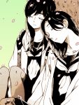  2girls black_hair center_(majisuka_gakuen) cherry_blossoms closed_eyes hoodie long_hair majisuka_gakuen monochrome multiple_girls nezumi_(majisuka_gakuen) petals rarariot school_uniform serafuku sleeping 