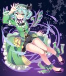  1girl ankle_ribbon aqua_eyes aqua_hair astaroth_(p&amp;d) hairband kaki_s looking_at_viewer open_mouth puzzle_&amp;_dragons short_hair skirt smile solo two_side_up wings 