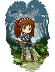  brown_eyes brown_hair chibi forest gloves gun headdress highres long_hair military military_uniform rifle senjou_no_valkyria senjou_no_valkyria_1 skirt thigh-highs thighhighs twintails uniform weapon wood0083 wood_k zettai_ryouiki 