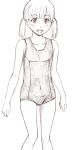  blush flat_chest hourou_musuko monochrome one-piece_swimsuit open_mouth sasa_kanako sawa_jaaji school_swimsuit smile solo swimsuit traditional_media twintails 