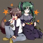  bad_id brown_hair candy glasses green_eyes green_hair halloween hat hayate_no_gotoku! kijima_saki lollipop long_hair purple_eyes shacttainw swirl_lollipop tachibana_wataru tail twintails violet_eyes witch_hat wolf_ears wolf_tail 