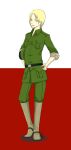  androgynous axis_powers_hetalia belt blonde_hair blue_eyes boots flag genderswap hands_on_hips hat knee_boots military_uniform open_collar peaked_cap poland_(hetalia) reverse_trap short_hair sleeves_rolled_up smirk solo uniform yunichan 