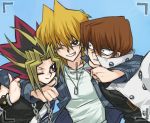  angry arm_around_neck blonde_hair brown_hair card_pendant chain chains clenched_teeth constricted_pupils dog_tags grin hug hug_from_behind jounouchi_katsuya kaiba_seto koriyama_shashi male multicolored_hair multiple_boys smile thumbs_up two-tone_hair viewfinder wink yami_yuugi yu-gi-oh! yuu-gi-ou yuu-gi-ou_duel_monsters 