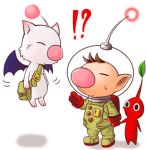  1boy 2others animal bag brown_hair crossover final_fantasy helmet human koma_(side) leaf look-alike lowres moogle nintendo nintendo_ead nose olimar pikmin pikmin_(creature) pointing pointy_ears side/koma simple_background spacesuit square_enix super_smash_bros. sweatdrop trait_connection wings 