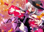  candy cape halloween hands hat natsuki_coco natsuki_koko outstretched_arms outstretched_hand pumpkin reaching red_eyes solo star thigh-highs thighhighs white_hair witch witch_hat 