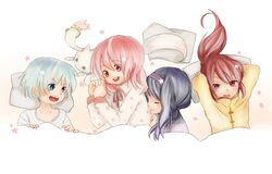  4girls akemi_homura alternate_hairstyle black_hair blue_eyes blue_hair gosenemi highres kaname_madoka kyubey long_hair mahou_shoujo_madoka_magica miki_sayaka multiple_girls pajamas pink_eyes pink_hair ponytail red_eyes red_hair redhead ribbon sakura_kyouko short_hair sleepover young 