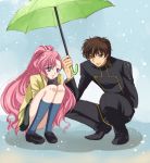  blue_eyes blush cat code_geass euphemia_li_britannia kururugi_suzaku long_hair pink_hair sitting snow very_long_hair 