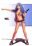  1girl belt beltskirt blue_hair breasts chain cleavage green_eyes gun karanak legs long_hair navel original solo weapon 