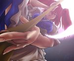  bad_id foreshortening from_below hair_bobbles hair_ornament hands konoe_yuba large_breasts onozuka_komachi perspective red_eyes red_hair redhead scythe short_hair solo touhou twintails yuba_(pixiv) 
