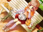  cat cosmo_(bousoup) eating food french_fries hamburger hat kneehighs mcdonald&#039;s mcdonald's shoes skirt socks solo striped striped_kneehighs 