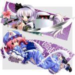  flower frills ghost green_eyes hair_ribbon hairband hat japanese_clothes katahira_masashi katana konpaku_youmu konpaku_youmu_(ghost) multiple_girls myon pink_hair red_eyes ribbon saigyouji_yuyuko sayagata short_hair silver_hair sleeves_past_wrists sword touhou weapon 