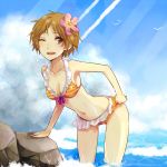  bad_id bikini brown_eyes brown_hair flower genderswap hanamura_yousuke leaning_forward persona persona_4 rock short_hair solo swimsuit tayako wading water 