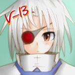  blazblue blush brown_eyes eyepatch grey_hair red_eyes short_hair v-13 