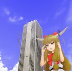  1girl :&lt; building giantess horns ibuki_suika kuro_oolong open_mouth skyscraper solo touhou 