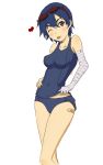  bakemonogatari bandage bandages bandaid blue_hair goggles goggles_on_head heart highres isshin kanbaru_suruga monogatari_(series) school_swimsuit short_hair solo sukumizu_flap swimsuit tongue wink 