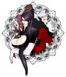  2girls bayonetta bayonetta_(character) black_hair bodysuit breasts chains cleavage cleavage_cutout earrings eye_shadow glasses gun hair_bun jeanne_(bayonetta) lipstick long_hair mole ramiu red_ribbon ribbon short_hair white_hair 