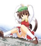  bowtie brown_eyes brown_hair cat_ears cat_tail chen child grass hat mary_janes multiple_tails panties ribbon seminoyu shoes solo tail touhou underwear water 