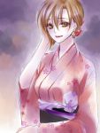  brown_eyes brown_hair earrings flower japanese_clothes jewelry kimono lips meiko short_hair solo vocaloid 