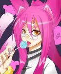  animal_ears blazblue bracelet cat_ears cat_eyes glasses kokonoe_(blazblue) lollipop long_hair marrow_(pixiv477513) pink_hair yellow_eyes 
