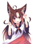  1girl animal_ears brown_hair claw_pose daidai_ookami dress fang frilled_sleeves frills imaizumi_kagerou long_hair open_mouth red_eyes touhou wolf_ears 