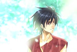  brown_eyes escaflowne feathers glow glowing short_hair sleeveless_shirt solo tajima_minato tenkuu_no_escaflowne van_fanel 