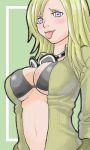  1girl :p blonde_hair blue_eyes bra breasts eva goggles goggles_around_neck jumpsuit lingerie lowres metal_gear_solid metal_gear_solid_3 open_clothes open_shirt shirt smile solo tongue underwear wink 
