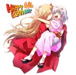  2girls binbougami_ga! blonde_hair carrying cast green_eyes hair_over_one_eye happy_birthday japanese_clothes kimono long_hair momiji_(binbougami_ga!) multiple_girls princess_carry rex_k sakura_ichiko silver_hair smile v yellow_eyes 