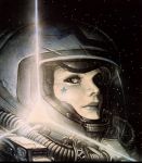  1girl damaged epic helmet juan_gimenez lips oldschool pilot realistic science_fiction solo space space_suit spacesuit star tattoo the_fourth_power 