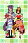  blush bow brown_hair cosplay couple crown dress flower high_heels kamui_gakupo long_hair male meiko ponytail purple_hair queen_of_hearts queen_of_hearts_(cosplay) shoes short_hair tomoshibi_rei very_long_hair vocaloid wink 