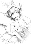  animal_ears bow breasts bust cleavage dutch_angle grin hair_bow hat highres lineart long_sleeves monochrome mystia_lorelei onigunsou short_hair smile solo touhou wings 