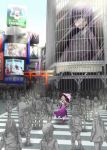  alternate_costume billboard blur blurry city cityscape contemporary crowd depth_of_field elbow_gloves gloves hadi hakurei_reimu highres houraisan_kaguya inaba_tewi konpaku_youmu looking_back reisen_udongein_inaba road saigyouji_yuyuko shibuya sunlight tokyo_(city) torii touhou walking yagokoro yagokoro_eirin yakumo_yukari 