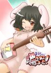  animal_ears bachi black_hair bunny_ears carrot dress fang inaba_tewi instrument jewelry necklace plectrum rabbit_ears red_eyes shamisen short_hair solo touhou wink 
