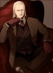 facial_hair gloves gobeur long_hair metal_gear_solid mustache necktie old_man revolver_ocelot smile solo spur trench_coat trenchcoat white_hair 