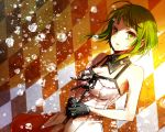  argyle_background bare_shoulders black_gloves breasts checkered checkered_background cleavage crystal diamond dutch_angle gloves green_eyes green_hair gumi hands_clasped looking_at_viewer sad short_hair sleeveless solo tears uso_to_diamond_(vocaloid) vocaloid yunco 