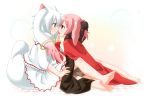  animal_ears bare_legs barefoot blush brown_eyes charlotte_(madoka_magica) face-to-face face_to_face feeding feet kyubey mahou_shoujo_madoka_magica mitsuki multiple_girls personification pink_hair short_hair simple_background sitting tai tail white_hair yuri 