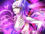  bayonetta bayonetta_(character) blue_eyes butterfly chain chains earrings glasses hair_bun highres jewelry long_hair mole purple_hair solo sumomo_kpa very_long_hair 