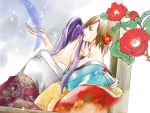  brown_hair camellia_(flower) flower japanese_clothes kamui_gakupo kimono kiss long_hair male meiko purple_hair short_hair toyu vocaloid 