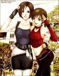  2girls alternate_costume blue_eyes brown_hair choker green_eyes jill_valentine multiple_girls pants rebecca_chambers resident_evil resident_evil_3 salute short_hair smile tattoo 