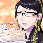  bayonetta bayonetta_(character) black_hair blush cake chains closed_eyes earrings eating food fork glasses gloves happy jewelry long_hair lowres matagitii mole plate pun solo 
