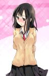  black_hair blazer brown_eyes cardigan embarrassed necktie pleated_skirt saki school_uniform seifuku shy simple_background skirt solo sweat sweater_vest touyoko_momoko 