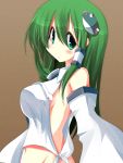  bare_shoulders blush breasts detached_sleeves frog green_eyes green_hair hair_ornament highres kochiya_sanae large_breasts long_hair midriff mimimi navel sideboob snake solo touhou 