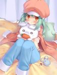  barefoot blush green_hair hat monogatari_(series) mouse orange_eyes pan_(mimi) sengoku_nadeko sitting solo stuffed_animal stuffed_bunny stuffed_rabbit stuffed_toy 