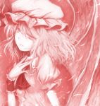  hand_on_own_chest hand_to_chest hat monochrome red red_eyes remilia_scarlet ribbon shimo_(depthbomb) short_hair solo touhou wings 
